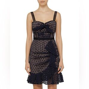 New Self-Portrait Navy Blue and Black Geometric Lace Midi Dress